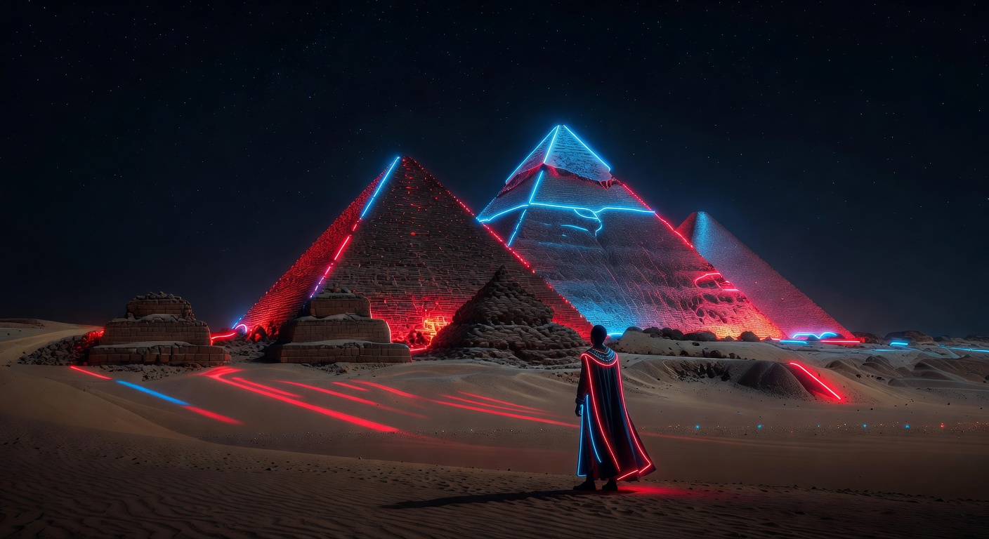 Cinematic night view of ancient Egyptian pyramids with red and blue neon glow